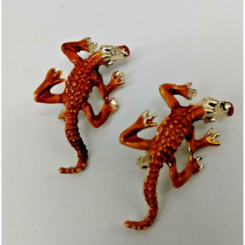 Alligator Crocodile Red & Orange Enamel Gold Tone Metal Reptile Brooches(2)